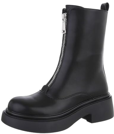 Ital Design Damen Stiefeletten mit Reißverschluss und Blockabsatz, runde Spitze