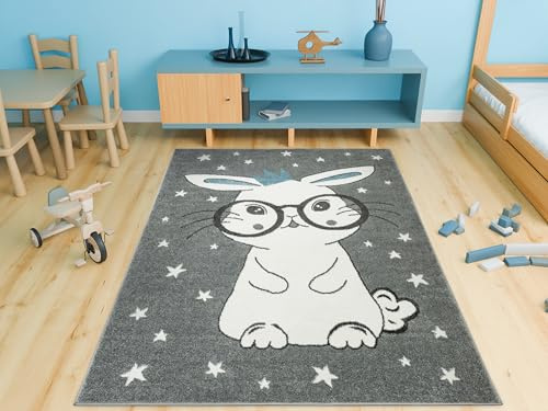 AKCILA Lima Kinderteppich Grau Creme mit Hase mit Brille 100x150cm | Wunderschön Teppich für Kinderzimmer, niedliches Tiermotiv, Kinderteppich für das Kinderzimmer mit Fußbodenheizung