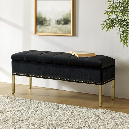 HULALA HOME Contemporary Velvet Storage Bench, Bed End Bench Ottoman with Nailhead Trim, Upholstered Footstool for Entryway Living Room Dining Room, Black