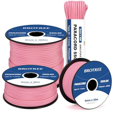 Brotree 550 Paracord 4mm 50m Schnur 100% Polyester Seil Reißfest Typ III 7 Kern für Armbänder, Basteln, Outdoor, Camping, Survival - Rosarot