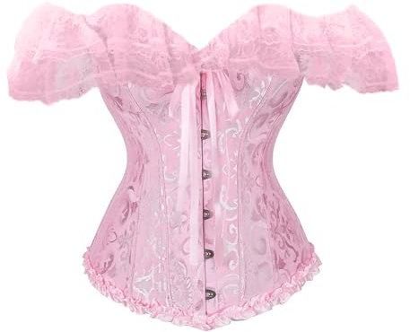 Edhomenn Women's Lace Corset Waist Shaping Slim Fishbone Bandage Drawstrings Lingerie Cincher Y2k Sexy Floral Wedding Party Bustier (11 Pink, S)