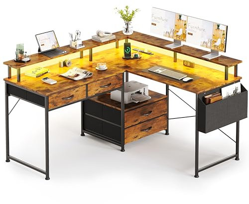 Flrrtenv 130x120cm L Shaped Desk with LED Lights & Power Outlets, 4 Drawers Reversible Gaming Corner Computer Desks for Workstation, Home Office Desks with Monitor Shelf & Storage Shelves Rustic Brown