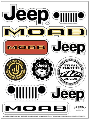 Jeep Moab 11 Aufkleberbögen, 15,2 x 20,3 cm, langlebige Vinyl-Aufkleber, wetterfest, UV-beständig, leicht abziehbare Off-Road-Grafiken