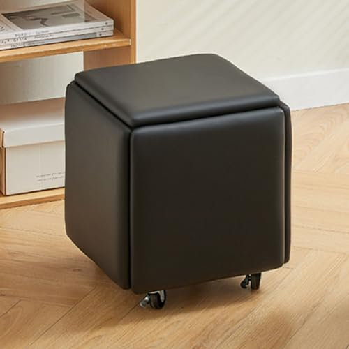 Sitzwürfel 5 in 1 Multifunktions PU Leder Sitzsack mit Schwenkrollen Stapelbar Sofa Stuhl Hocker Fußstütze für Wohnzimmer Schlafzimmer (Schwarz)