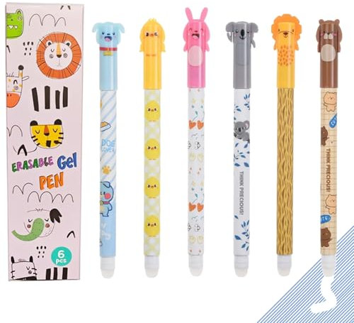 HUTRADE 6 Stück Gelstifte Radierbar, 0.5mm Blau Tinte Radierbarer Kugelschreiber, Radierbare Stifte Mit Tierkopf, Tintenkiller Stift Erasable Pen für Studenten Geschenk, Schul Bürobedarf