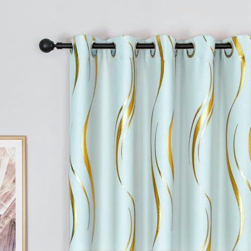 MYRU 2 Panels Set Luxury Striped Blackout Curtains for Bedroom Living Room (Light Green and Gold, 2 x 66x95 Inch)