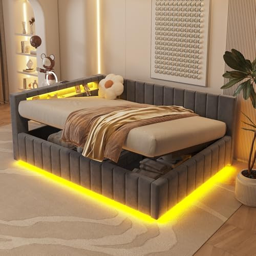 ANIROY L-förmige Schlafsofa 140x200cm, Samtstoff Polsterbett Daybett Sofabett mit LED und USB, Hydraulisches Stauraumbett, Doppelbett Bettgestell mit Lattenrost und Rückenlehne (Dunkelgrau B)