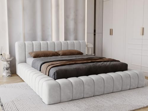 GRAINGOLD Italia Bett 160x200, Polsterbett mit Bettkasten, Polsterbett mit Stauraum, Samt Stoff, mit Lattenrost, mit Kopfteil, ohne Matratze (Hellgrau, 160x200)