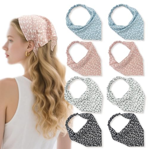 FUIPVGI 8 Stück Turban Damen Bandana Boho Damen Haarbänder Stirnbänder Dreieck Kopftüchern Chiffon Bandanas Turban Haarbänder Kopftuch Mädchen Sommer, Sonnenschutz Kopf für Frauen und Mädchen