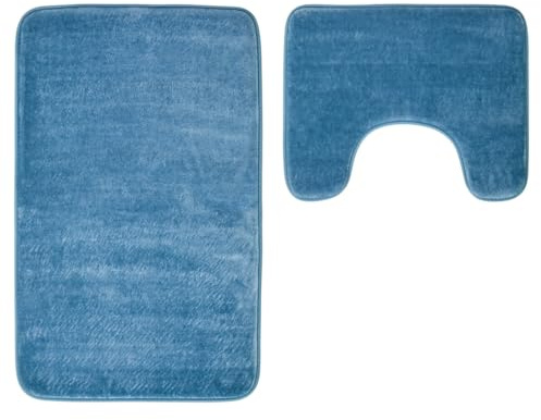 Maison Soak Bath Mat Set, Denim Blue, Soft Plush Bathroom Rug with Contour Rug, 2 Pieces
