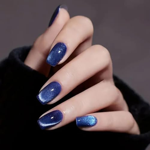 24PCS Dark Blue Sparkling Press On Nails - Short Square Glossy False Nails for Women, ABS Material with Jelly Adhesive Tabs, Fashion Set for Office, Travel & Special Events