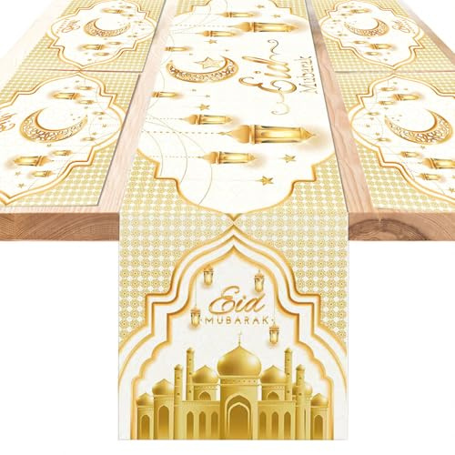DPKOW Eid Mubarak Dekoration, 5 Stück Weiß-Goldener Tischläufer Tischset Eid Mubarak Tischdeko, Stoff Waschbar Muslimische Islamische Deko Ramadan Tischläufer Platzsets Esstischdekoration