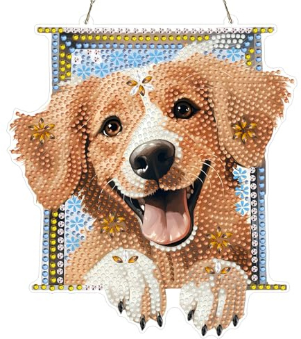 QENSPE Hund Diamond Painting Anhänger, 5D niedliches Tier Diamant Malerei Set Erwachsene Lebensbaum Krystal Art Fensterbilder, Hängend Ornament Tür Wand Veranda und Garten Dekoration