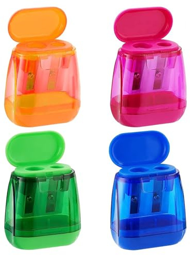 Funngy Sacapuntas con Recipiente,4 PCS Sacapuntas Manuales con Depósito Coloridos con Tapa y Doble Agujero Redondos para Lápices Gruesos y Finos Ideales para Niños Escuela y Oficina