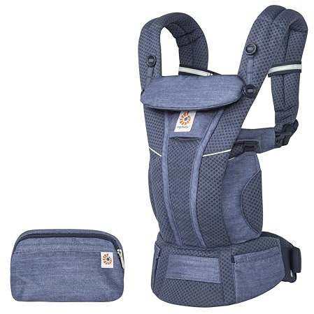 Ergobaby Omni Breeze Babytrage für Neugeborene ab Geburt bis 20kg, 4 Positionen SoftFlex Mesh Ergonomische Babybauchtrage Rückentrage Baby-Tragetasche, Heathered Denim Blue