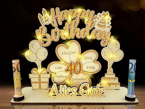 40 Geburtstag Geldgeschenk für Männer Frauen,3D Kleeblatt Glück Happy Birthday Geldgeschenke Verpackung für 40. Geburtstag,Holz Gästebuch Personalisierbare Tischdeko für Frau Mann