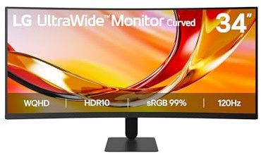 LG 34U601B Monitor UltraWide Curvo 34 WQHD (3440x1440), 120Hz, HDR10, sRGB 99%, FreeSync, HDMI 2.0, DisplayPort 1.4, Design Borderless 21:9, Nero | WQHD (3440 x 1440), 120 Hz, curvo, FreeSync Premium, inclinazione (asse orizzontale), pannello VA, 5 ms, curva 1800R, HDR10