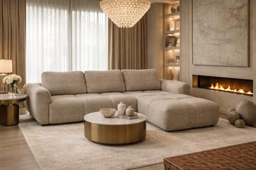 DMSM Ecksofa Agnello mit Schlaffunktion – Premium-Steppung, Bouclé-Stoff, Bettkasten | 290 × 185 cm | Recht | Cremeweiß (Grau-Beige)