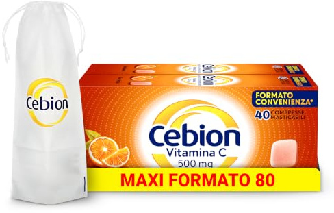 Cebion Vitamina C 500 mg Masticabile Arancia, Supporta il Sistema Immunitario1 e il Metabolismo Energetico, 80 Compresse, Integratore Alimentare + portaombrelli