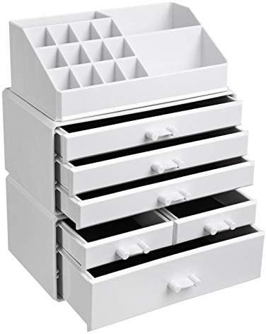 SONGMICS Make-up Organizer, Kosmetik-Organizer mit 6 Schubladen und 15 Fächern in unterschiedlichen Größen, weiß JKA009WT