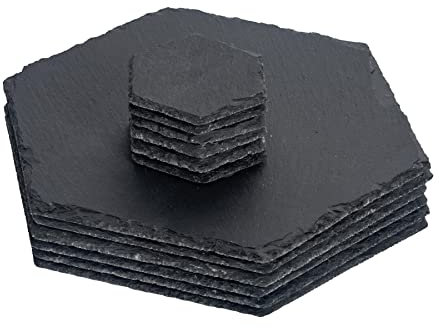Argon Tableware 12 Piece Hexagon Slate Placemats & Coasters Set - Black Natural Stone Dinnerware Plate Placemats Drink Mats for Kitchen, Home, Bar, Restaurant, Weddings, Events