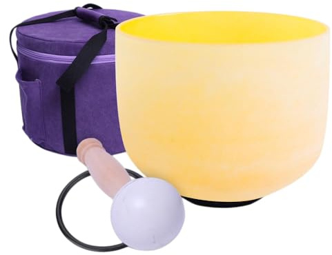 ENERGYSOUND Klangschale aus Quarzkristall, 10 Zoll, 432 Hz, Note E, Solarplexuschakra, Gelb, mattiertes Quarzkristall-Singing Bowl + Tragetasche