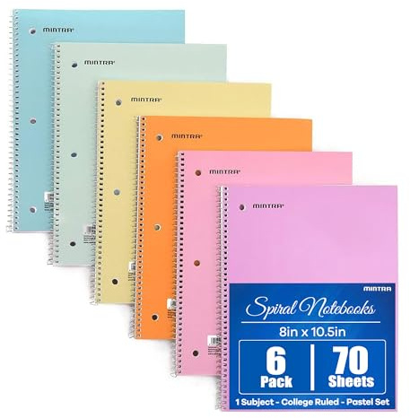 Mintra Office Spiral Notebooks - Pastel, College Ruled, 6 Pack, For School, Office, Business, Professional,70 Sheets
