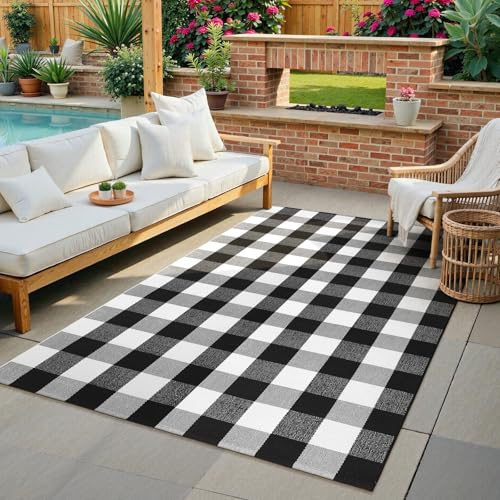 KIMODE Frühlingsbüffel-Teppich, kariert, 1,2 x 1,8 m, schwarz-weiß kariert, Bauernhaus-Baumwolle, handgewebt, Terrassenteppich, für Innen- und Außenbereich, waschbar, Bodenteppich für Haustür, Veranda