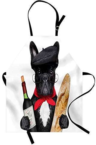 ABAKUHAUS Bulldogge Kochschürze, Französisch Hund Rotwein, Unisex-Küchenlätzchen mit verstellbarem Hals für Kochen Gartenarbeit, 67 cm x 80cm, Schwarz Rot