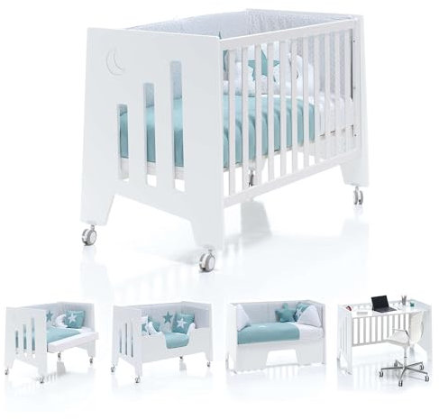 Alondra - Cuna colecho bebe 120x60 (5en1) Blanca completa Convertible en 5 etapas: Cuna, colecho, camita, sillón y Escritorio, con 5 Alturas de somier y Ruedas OMNI C181-M7700, Pack OMNI-K18