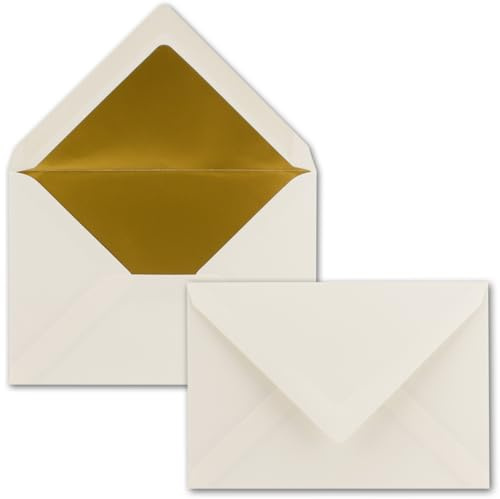 10x Briefumschlag DIN C6 - Naturweiß mit Goldfutter | Edle C6 Kuverts mit Nassklebung - 11,4 x 16,2 cm - Metallic-Fütterung, matte Oberfläche, ohne Fenster - ideal für Einladungen
