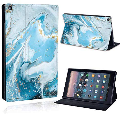 FINDING CASE for Amazon Fire HD 10 (9th Gen 2019) Tablet - Printed PU Flip Leather Smart Lightweight Shell Stand Cover (Blue Wave Marble)