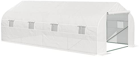 Outsunny Invernadero de Jardín 6x3x2 m Tipo Túnel para Cultivo Plantas Verduras con 8 Ventanas Transpirables y Puerta Enrollable con Cremallera Acero Blanco