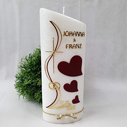 Hochzeitskerze Perlmutt geriffelt - Ellipse abgeschrägt mit Herzen dunkles BORDEAUX-GOLD inkl. Aufbewahrungsbox