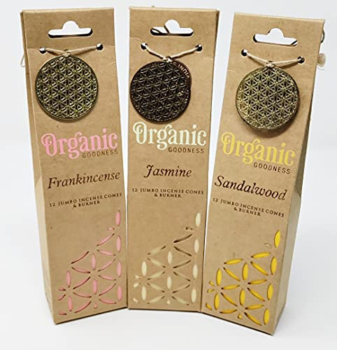 Organic Goodness Jumbo-Räucherkegel, 12 Stück, 3 Düfte – Sandelholz, Weihrauch, Jasmin mit Souvenir-Magnet (C11)