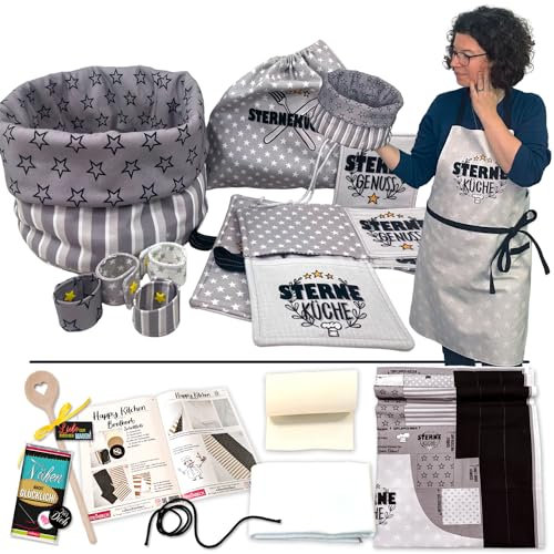 Steinbeck - Nähset - selber nähen - Küche Happy Kitchen - Sterneküche - DIY Baumwoll-Panel inkl. Anleitung Zubehör Vlies Kochlöffel Schokolade Geschenkset