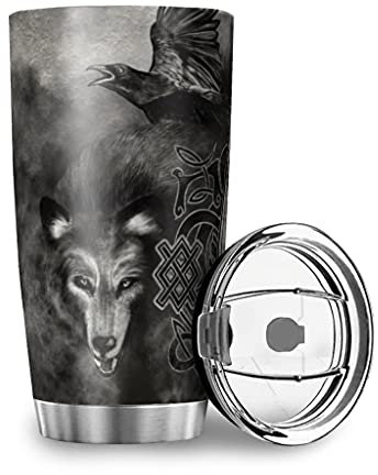 Zbbfwu Wikinger SpeerWolf Kaffeebecher to go Thermobecher Edelstahl Auslaufsicher Kaffeetasse Tumbler White 600ml