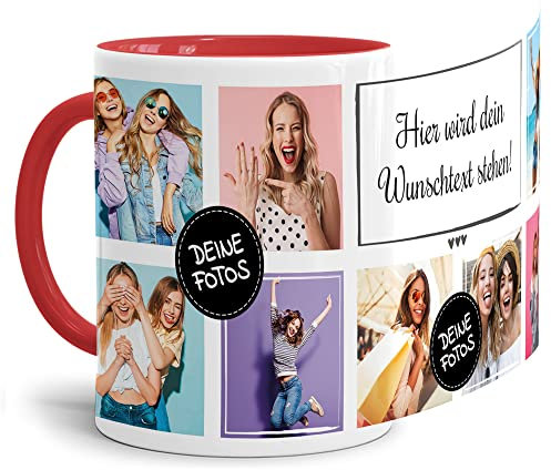 Foto-Tasse selbst gestalten mit Text & Collage für 8 Fotos - Geschenk für Familie, Freunde, Geburtstag, Weihnachten - Keramik Innen & Henkel Rot, 300 ml I Personalisiert