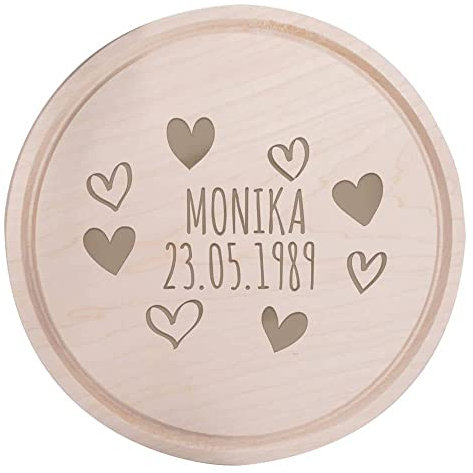 Deitert Frühstücksbrettchen mit Name, Datum oder Wunschtext graviert - Holzbrett Geschenk für Valentinstag, Hochzeit, Geburtstag für Frauen/Männer - Schneidebrett Holz Rund, 28 cm Ø, Herzrahmen Gravur