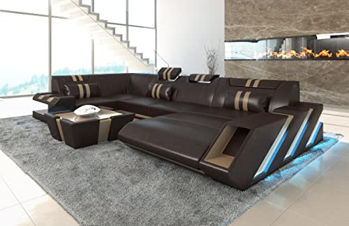 Sofa Apollonia U Form Wohnlandschaft Leder Couch mit LED Ledersofa mit Ottomane (Ottomane rechts, Braun-Beige)