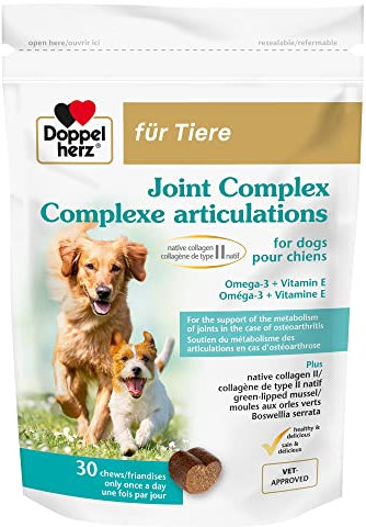 Doppelherz Complexe articulations pour Chiens, Soutien articulaire avec oméga-3, collagène, Poudre de moules, Boswellia serrata & Vitamine E, 30 friandises appétissantes