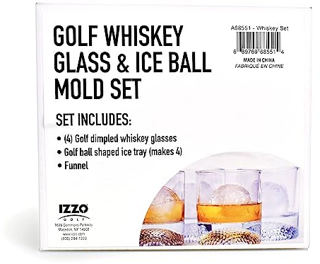 Izzo Golf Whiskey Glass Golf Ball Ice Set - Enjoy a Glass of Whiskey or Bourbon in a Rocks Glass with a Golf Ball Molded ice Cube, Golf Ball ice Cube Mold Included