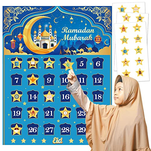 DPKOW Ramadan Kalender für Kinder Ramadan Geschenke Spiele, 2023 Ramadan Kalender Poster für Muslimischen Eid Adventskalender, Countdown für Eid al-Fitr Ramadan Deko, mit 30 Sternen Aufklebern