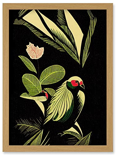 Wee Blue Coo Green Black Modern Vintage Tropical Plant Leaves with Bird Artwork Framed Wall Art Print A4