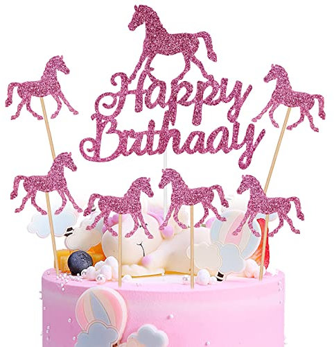 OSDUE 25 Stück Rosa Pony Tortendeko Geburtstag Mädchen, Glitzer Pony Torten Deko, Tiere Theme Kuchendekoration, für Mädchen Party Geburtstag Party Kuchen Dekoration Supplies