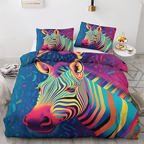 GEDAEUBA Sommer Bettwäsche 155x220 Zebra - Bunte Tiere Bettbezug 155x220 3 teilig, Wendebettwäsche und Kissenbezug 80x80, Weiche & Angenehme Mikrofaser Bettwäsche-Sets mit Reißverschluss
