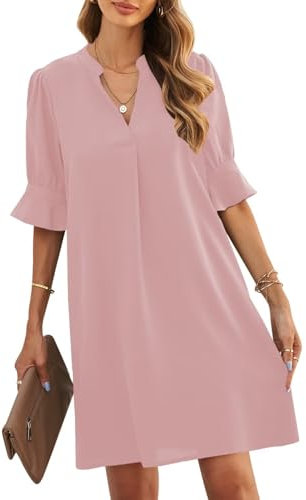 ANFTFH Kleid Damen Sommer Atmungsaktive V-Ausschnitt Rüschen Kurzarm Midi Slim Kleid Grau Rosa M