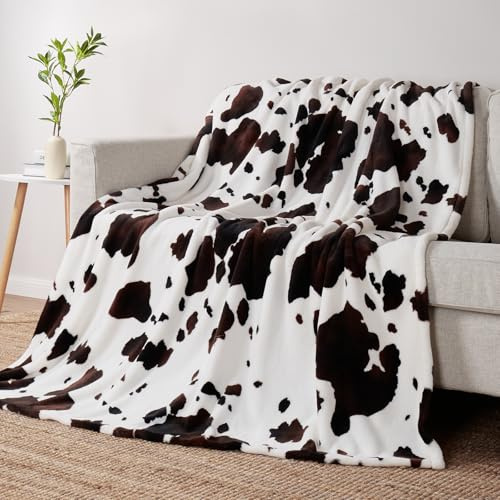 Cozy Bliss MilkyPlush™ Couverture Polaire épaisse 330 g/m² à imprimé Vache Qui ne perd Pas Ses Poils - Super Douce et Chaude - pour Chambre à Coucher, canapé, Voyage, Noir et Marron - 127 x 152,4 cm