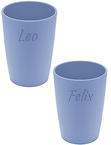 Magu 2 bicchieri personalizzati in biopolimero (100% senza petrolio) con nome, set da 2 bicchieri + incisione personalizzata con nome, porta spazzolini da denti, design naturale, 2 pezzi, blu acqua