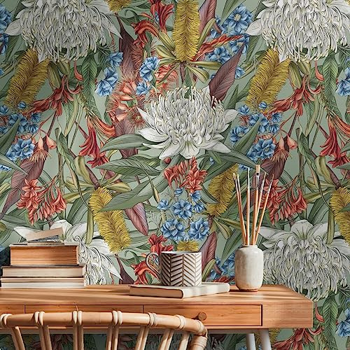 Livingwalls Blumentapete Grün Bunt - Tapete Wohnzimmer Schlafzimmer 394281 - Vliestapete Dschungel - 10,05 m x 0,53 m für 5,33m² - Made in Germany
